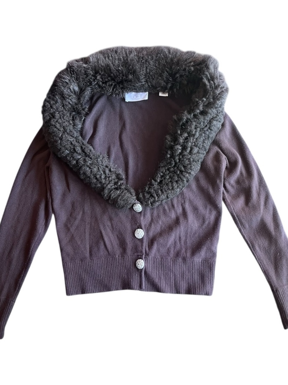 LOFT Dark Brown Faux Fur Collar Button-Front Cardigan